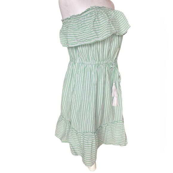 American Eagle Ruffle Top Mini Dress Green White Striped Strapless Womens Large - Picture 2 of 10